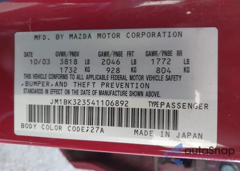 2004 Mazda Mazda3 S from USA, damaged, VIN JM1BK323541106892